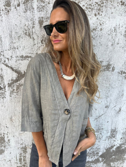Casual Women's V-neck Cotton And Linen Solid Color ShirtT-shirt