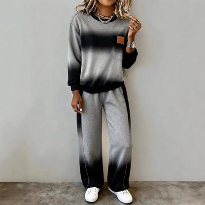 Women's Top With Slit Long Sleeve Round Neck Casual Solid Color Set