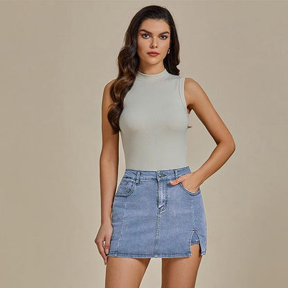 Women's Polyester Short Skirt Denim Mini Skirt Side Slit With Height Belt