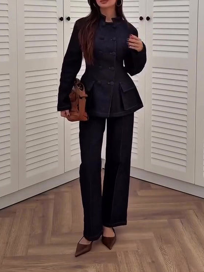 Dark Blue Denim Peplum Jacket And Flared Pants Set