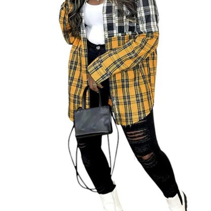 Women's Casual Plaid Pocket Button Stitching Long Sleeve Plus Size Shirt