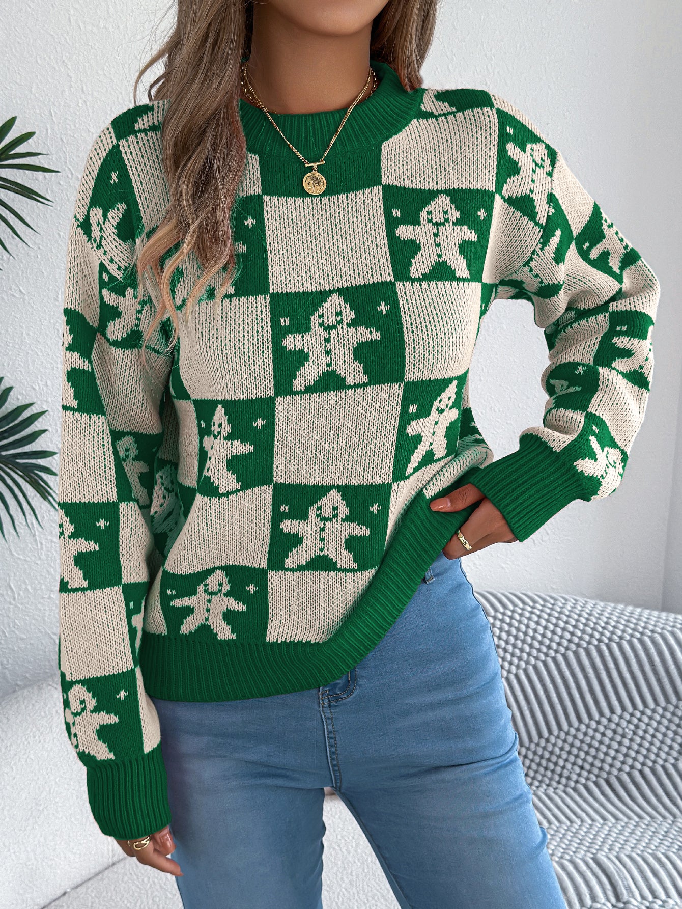 Snowflake Plaid Lantern Sleeve Pullover Sweater