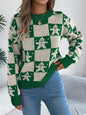 Snowflake Plaid Lantern Sleeve Pullover Sweater