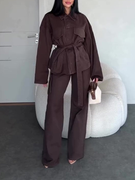 Dark Brown Utility-Style Belted Jacket And Wide-Leg Pants Set
