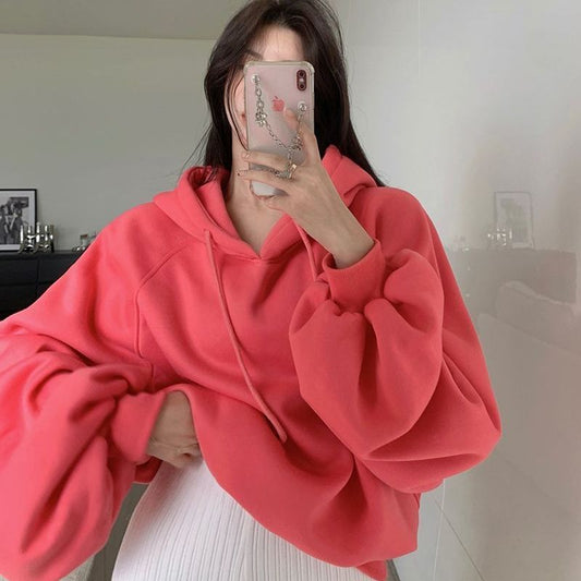 Women's Loose Solid Color Pullover Loose Hooded Sweater