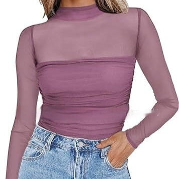 Pure Color Half Collar Mesh Stitching Sexy Top
