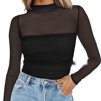 Pure Color Half Collar Mesh Stitching Sexy Top