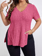 V-neck Split Sunken Stripe Brushed Women's Short Sleeve