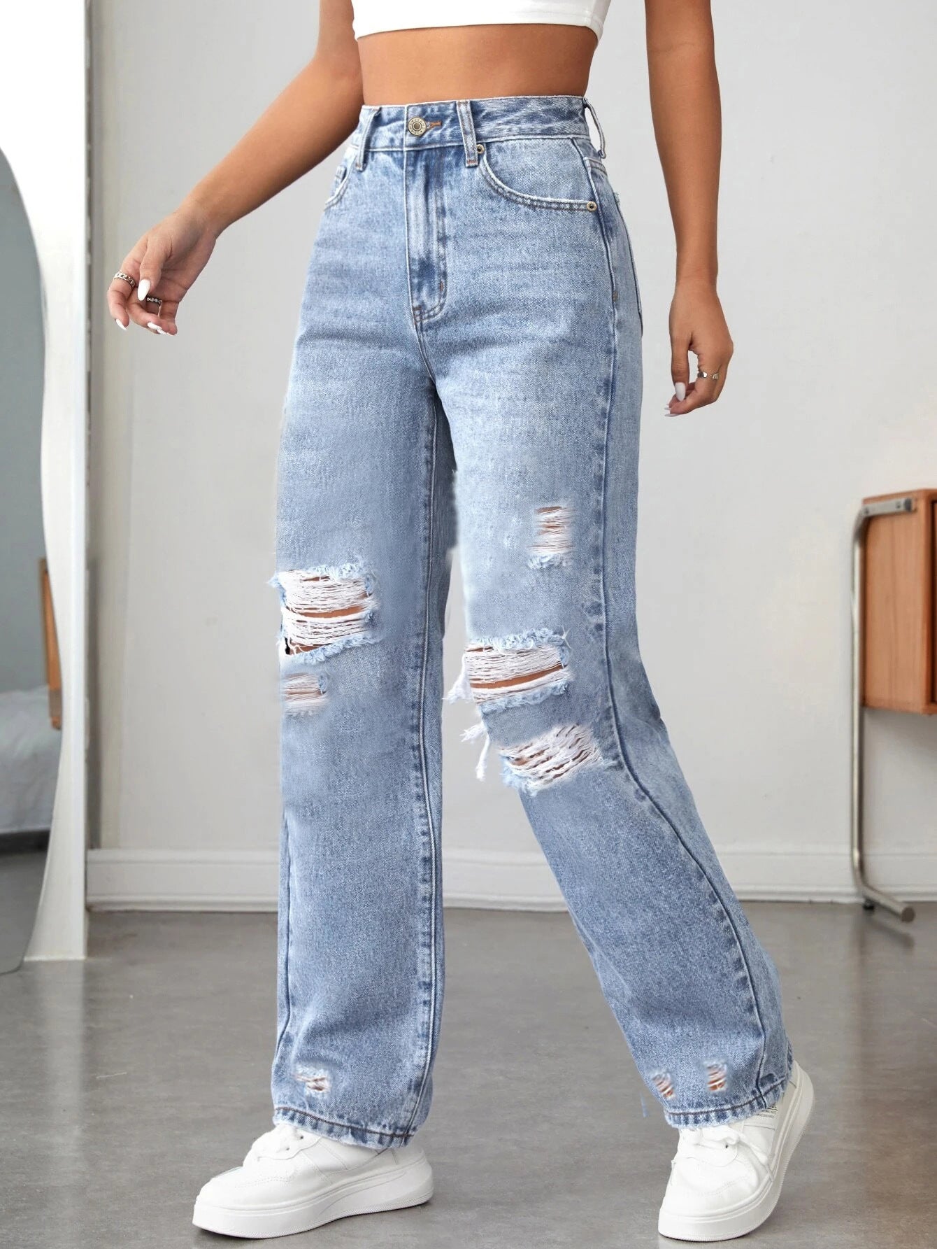 Ripped Straight Denim Women's Loose Trousers