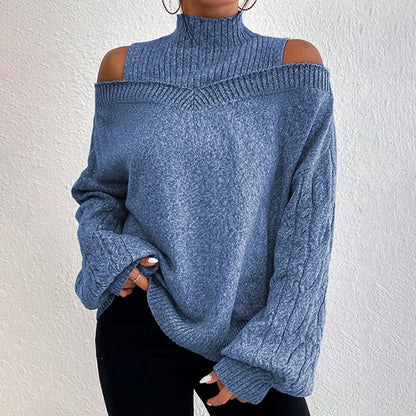 Women's Cold Shoulder Sweater - Sexy High Neck Cut Out Pullover Long Sleeve Top
