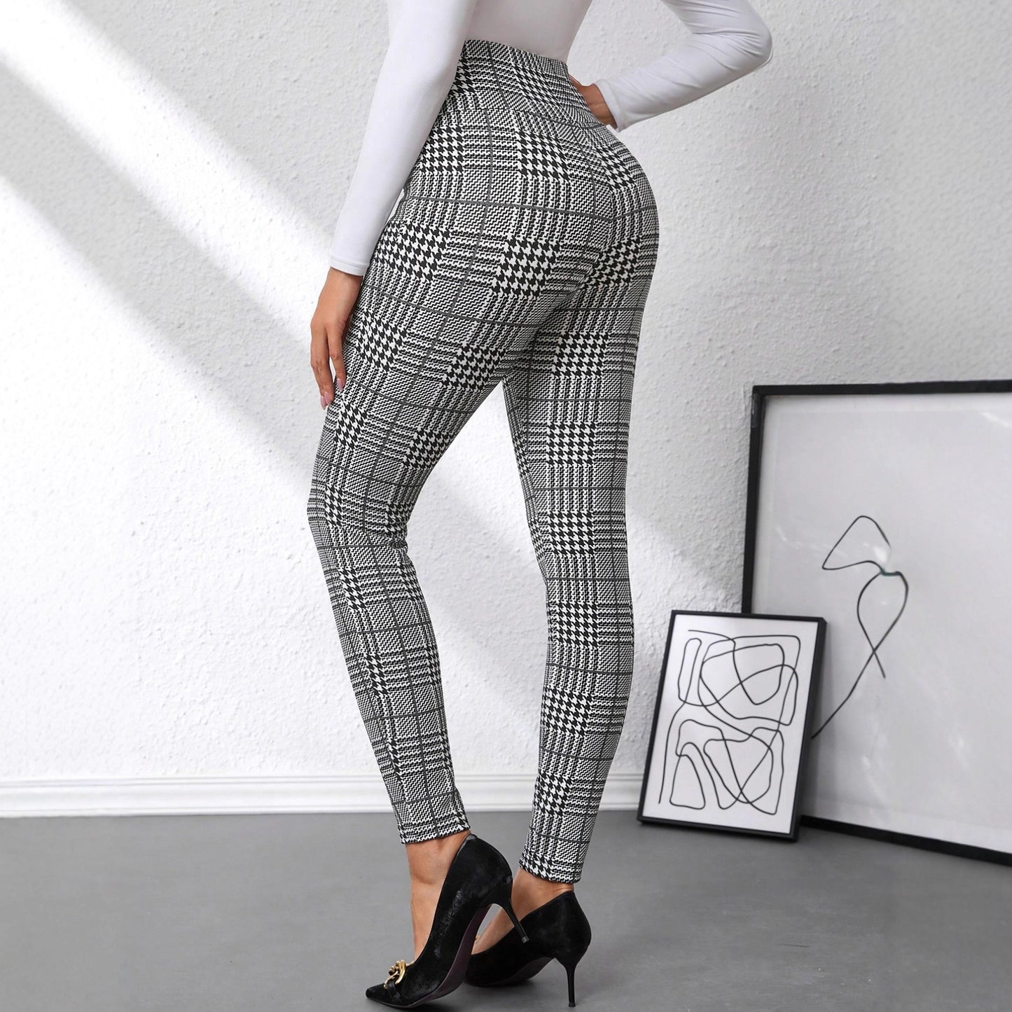 Women's Check Print Button Embellished High-waist Slim-fit Knit Pants