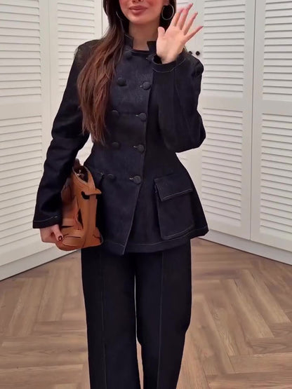 Dark Blue Denim Peplum Jacket And Flared Pants Set