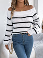 Casual Striped Off-Shoulder Lantern Sleeve Pullover Sweater