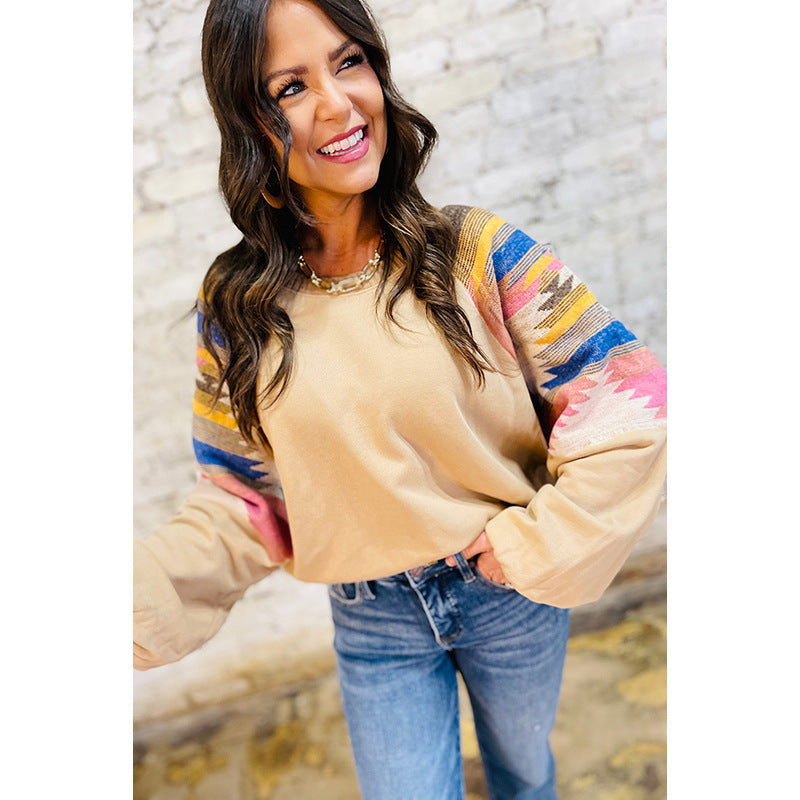 Women's Color Matching Printed Loose Long Sleeves Top