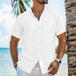 Men's Solid Color Cardigan Henry Collar Short Sleeve Cotton And Linen Shirt