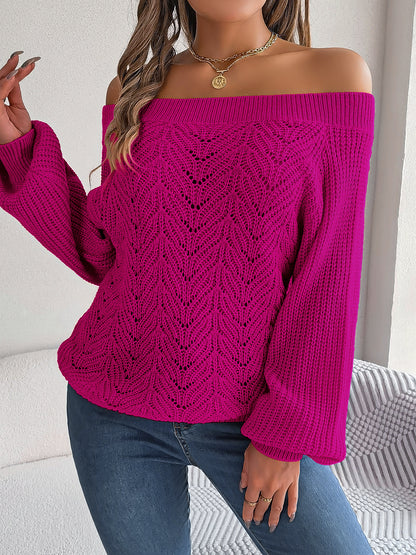 Casual Solid Color Hollow Out Off-Shoulder Lantern Sleeve Sweater