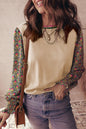 Floral Patchwork Pleated Cuff Puff Sleeve Sweater