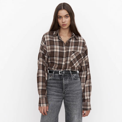 Retro Style All-match Plaid Lapel Long Sleeve Shirt