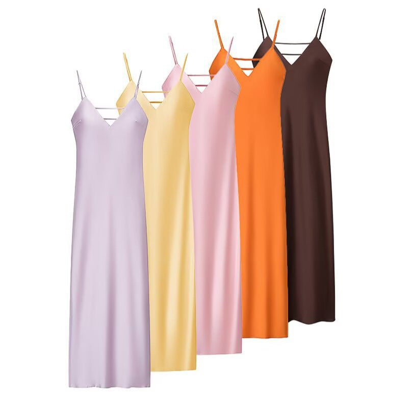 Golden Holiday Party Dress Silk Satin Texture Midi Skirt Sling Dress