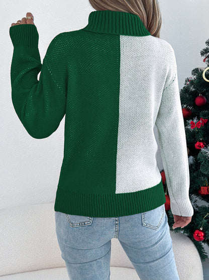Color Block Deer Lantern Sleeve Turtleneck Pullover Sweater