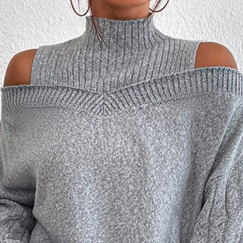 Women's Cold Shoulder Sweater - Sexy High Neck Cut Out Pullover Long Sleeve Top
