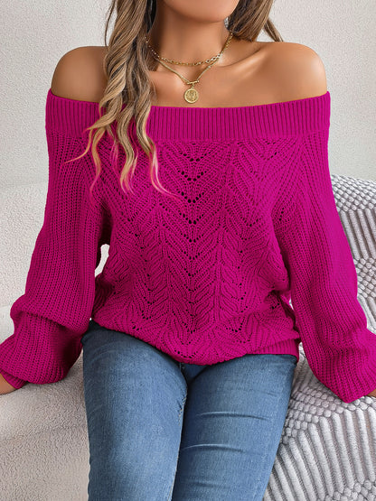 Casual Solid Color Hollow Out Off-Shoulder Lantern Sleeve Sweater