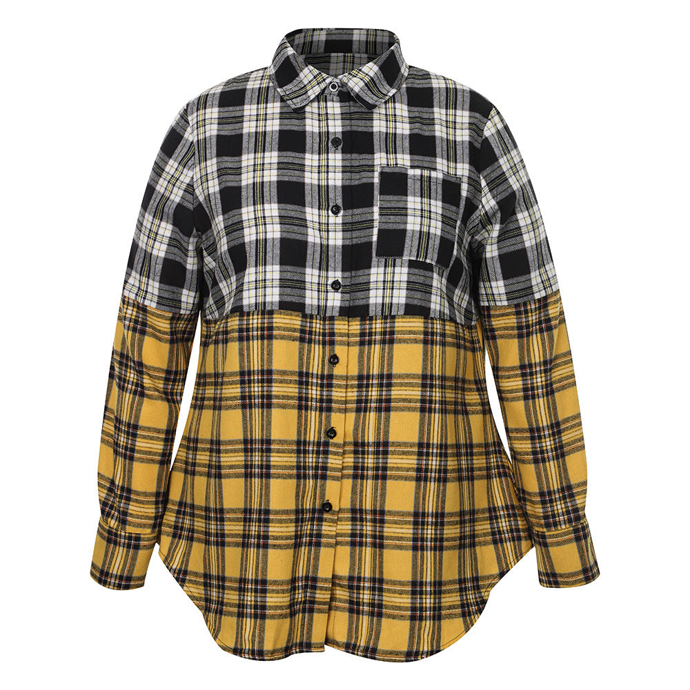 Women's Casual Plaid Pocket Button Stitching Long Sleeve Plus Size Shirt