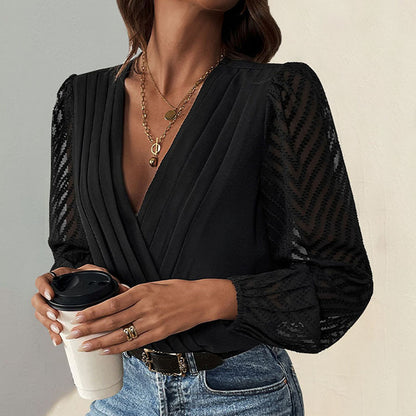 All-matching Solid Color And V-neck Pleated Lace See-through Long-sleeved Jumpsuit