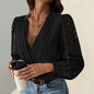 All-matching Solid Color And V-neck Pleated Lace See-through Long-sleeved Jumpsuit