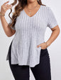 V-neck Split Sunken Stripe Brushed Women's Short Sleeve