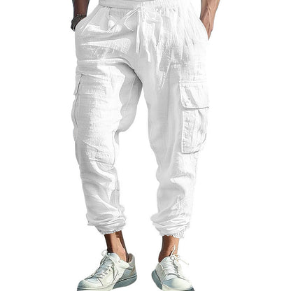 Mens Casual Cotton-Linen Pants With Multiple Pockets And A Drawstring