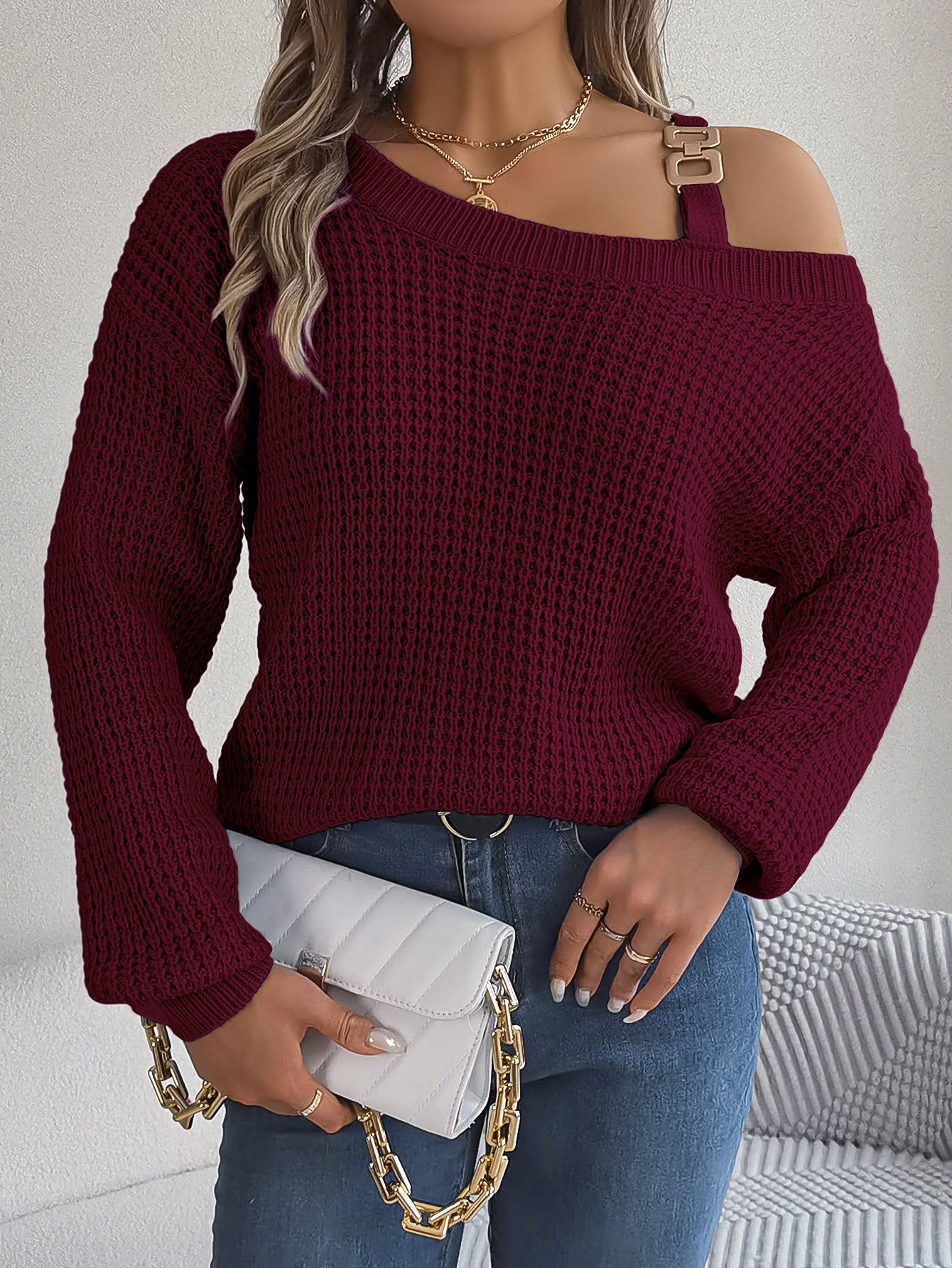 Casual Metal Button Color Block Off-Shoulder Lantern Sleeve Pullover Sweater