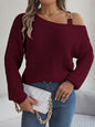 Casual Metal Button Color Block Off-Shoulder Lantern Sleeve Pullover Sweater