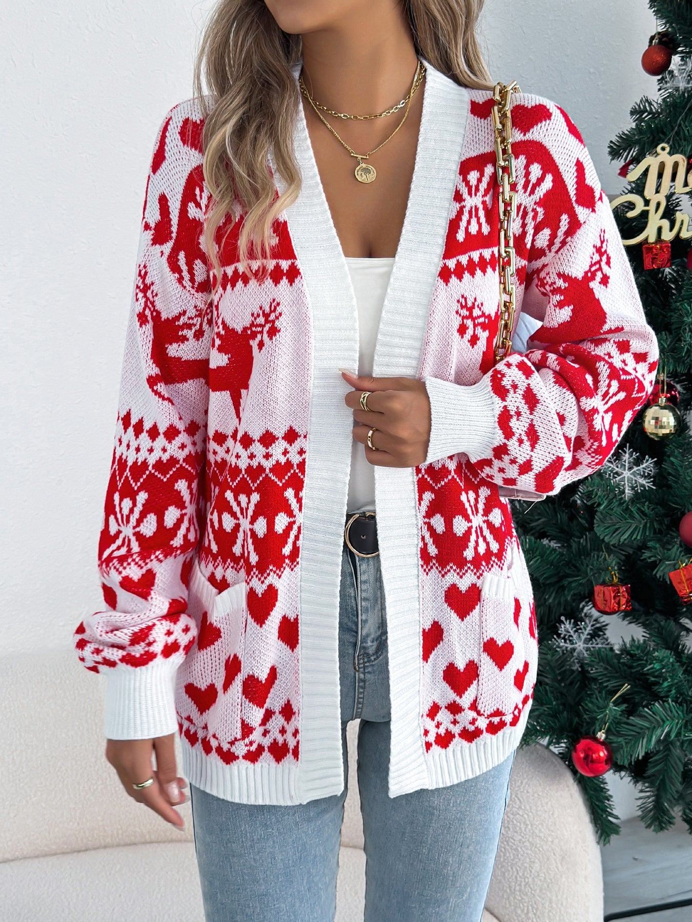 Christmas Deer Pocket Long Sleeve Cardigan Sweater Coat