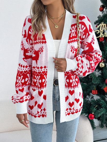Christmas Deer Pocket Long Sleeve Cardigan Sweater Coat