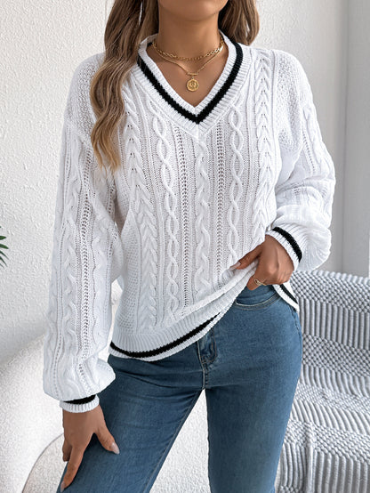 Color Block V-Neck Cable Knit Lantern Sleeve Sweater
