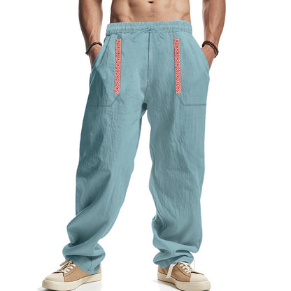 Mens Breathable Loose-fit Wide-leg Casual Linen Pants