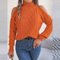 Women's Solid Color Off-Shoulder Cable Knit Sweater, High Neck Long Sleeve Pullover For Spring And Fall