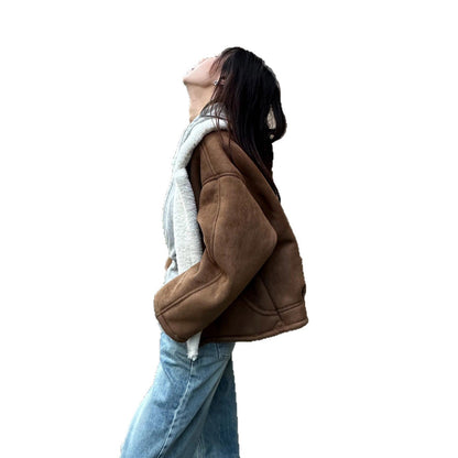 Fleece-lined Thick Lapel Short Lamb Wool Padded Jacket