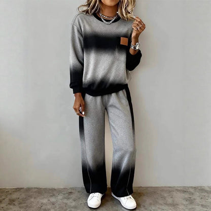 Women's Top With Slit Long Sleeve Round Neck Casual Solid Color Set