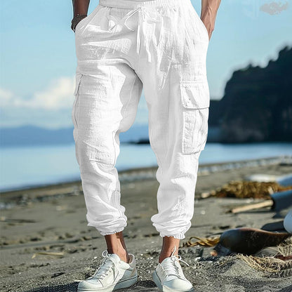 Mens Casual Cotton-Linen Pants With Multiple Pockets And A Drawstring
