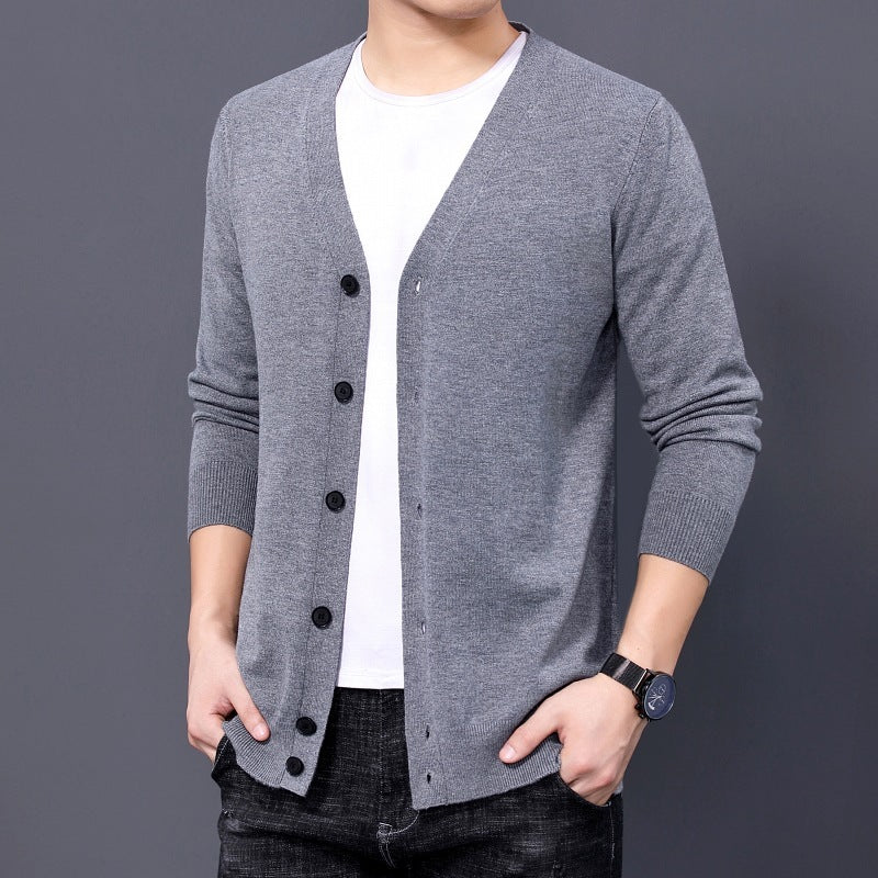 Men's Knitted Cardigan Solid Color And V-neck Basic Style Sweater Coat For Men