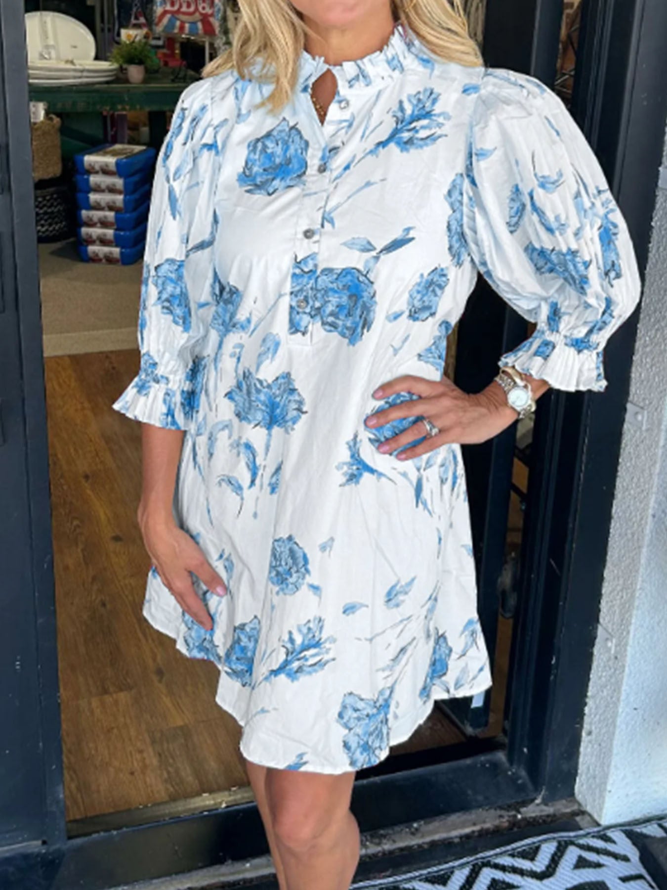 Floral Print Women Puff Sleeve Waist-controlled Lace-up Short Female Dress