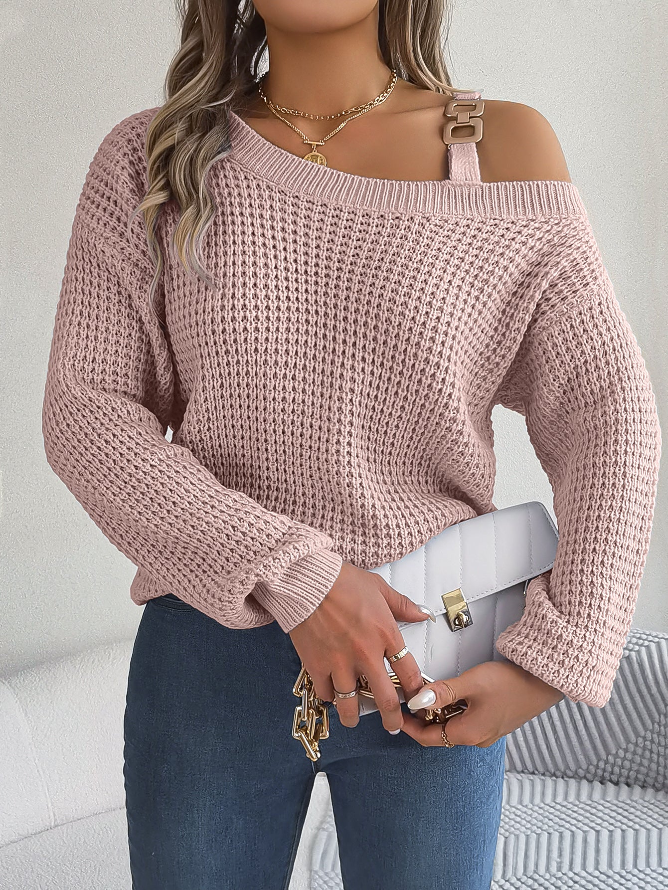 Casual Metal Button Color Block Off-Shoulder Lantern Sleeve Pullover Sweater