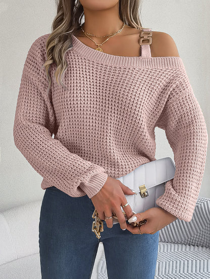 Casual Metal Button Color Block Off-Shoulder Lantern Sleeve Pullover Sweater