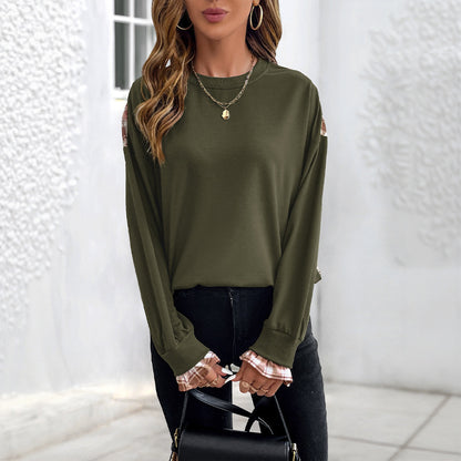 Women's Thin Plaid Stitching Crew Neck Pullover Sweatshirt