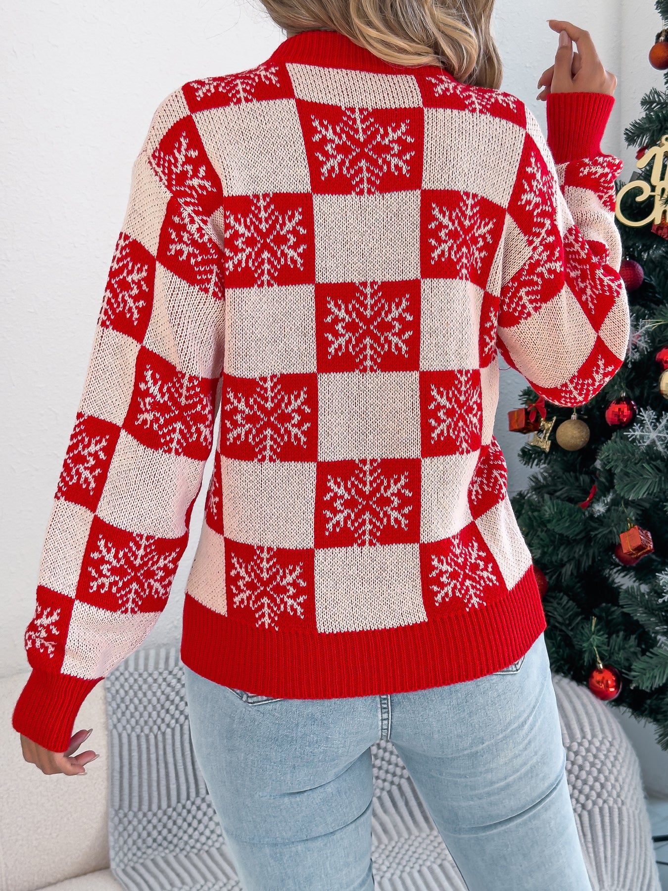 Snowflake Plaid Lantern Sleeve Pullover Sweater
