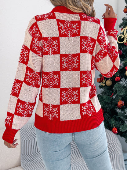 Snowflake Plaid Lantern Sleeve Pullover Sweater