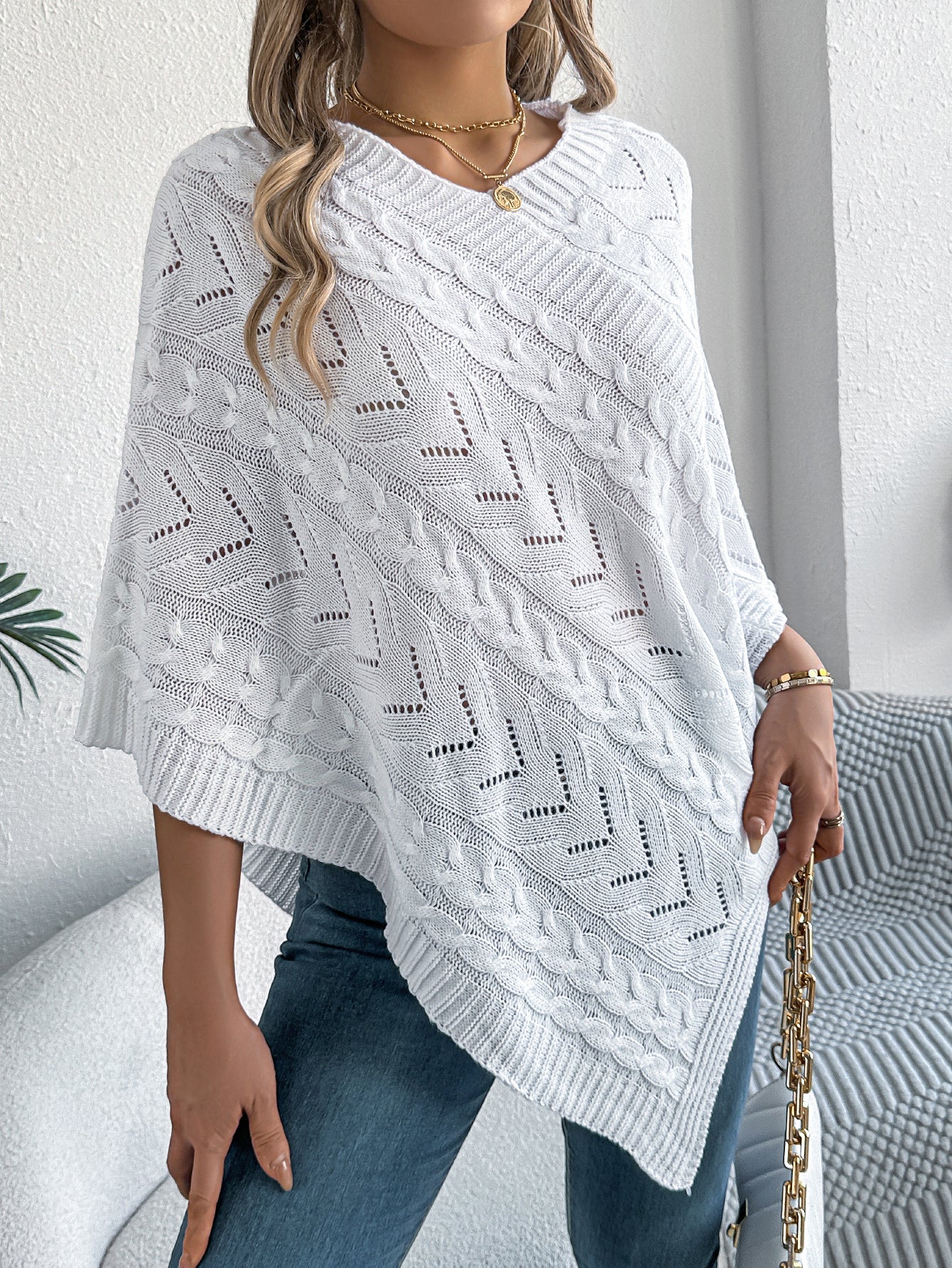 Casual Solid Color Cable Knit Loose Poncho Sweater Coat