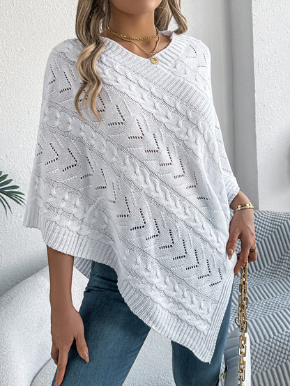 Casual Solid Color Cable Knit Loose Poncho Sweater Coat